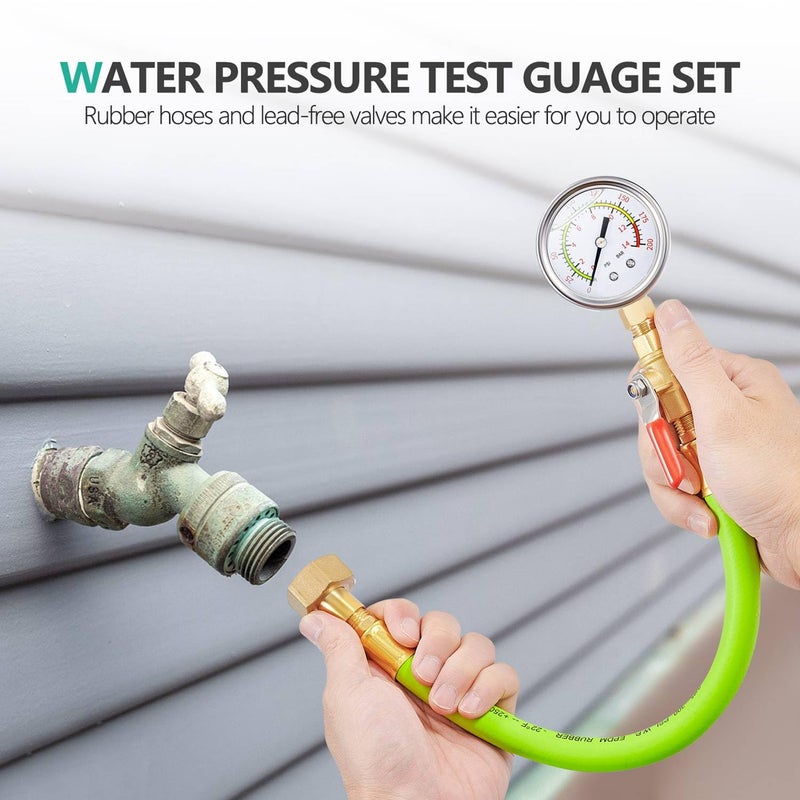 Pronese Stainless Steel Water Test Pressure Gauge Kit 2" Dial Size,Gauge+12" EPDM Rubber+1/4" LF Valve+1/4 to 3/4 Adapter,Lower Mount with Liquid Filled 0~200 PSI(Color Coded) - Image 2